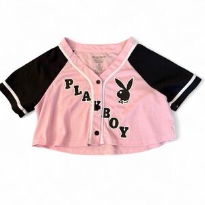 PLAYBOY Pink and Black Cropped Baseball Tee